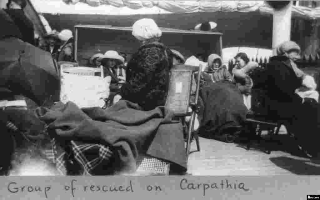 A group of survivors of the "Titanic" disaster aboard the "Carpathia" after being rescued.