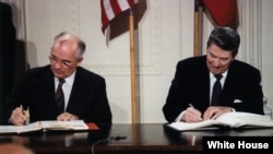 U.S. President Ronald Reagan and Soviet leader Mikhail Gorbachev signing the Intermediate-Range Nuclear Forces Treaty in the Washington in 1987.