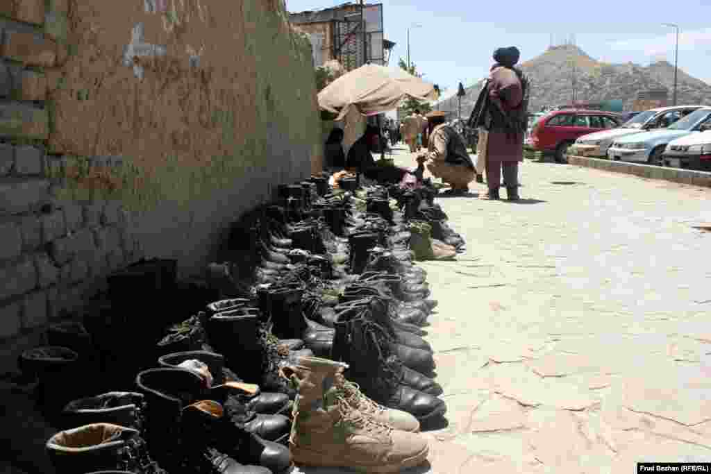 U.S. military boots being sold outside the "Obama Bazaar" in Kabul. 