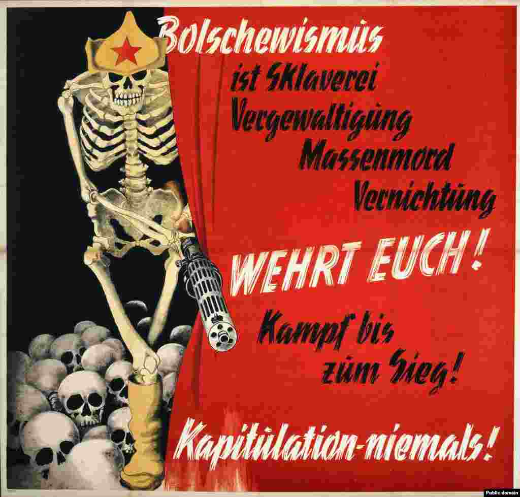 But the hat remained visual shorthand for a Russian communist even until World War II, when the hats had mostly disappeared from use. This Nazi propaganda poster proclaims: "Bolshevism is slavery, rape, mass murder, destruction! Defend yourselves! Fight to victory! Never surrender!"