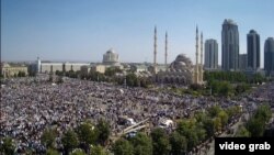 The demonstration in front of the Heart of Chechnya Mosque in central Grozny is being attended by Chechen leader Ramzan Kadyrov.