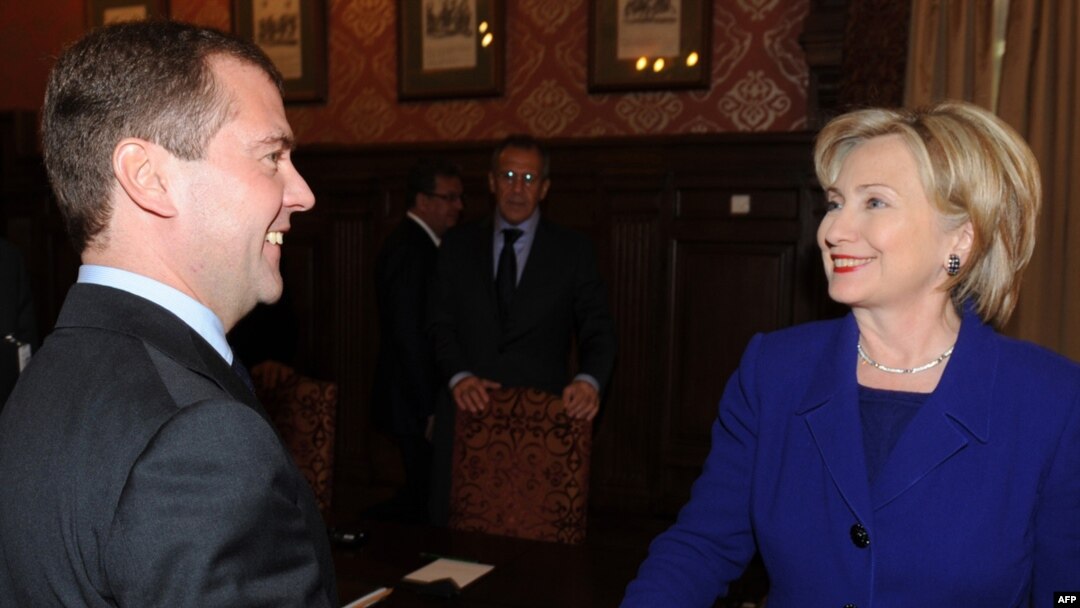Russian President Dmitry Medvedev (left) meets with U.S. Secretary of State Hillary Clinton.