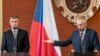 Czech President Milos Zeman (right) and newly appointed Prime Minister Andrej Babis attend a news conference at Prague Castle in Prague on June 6.