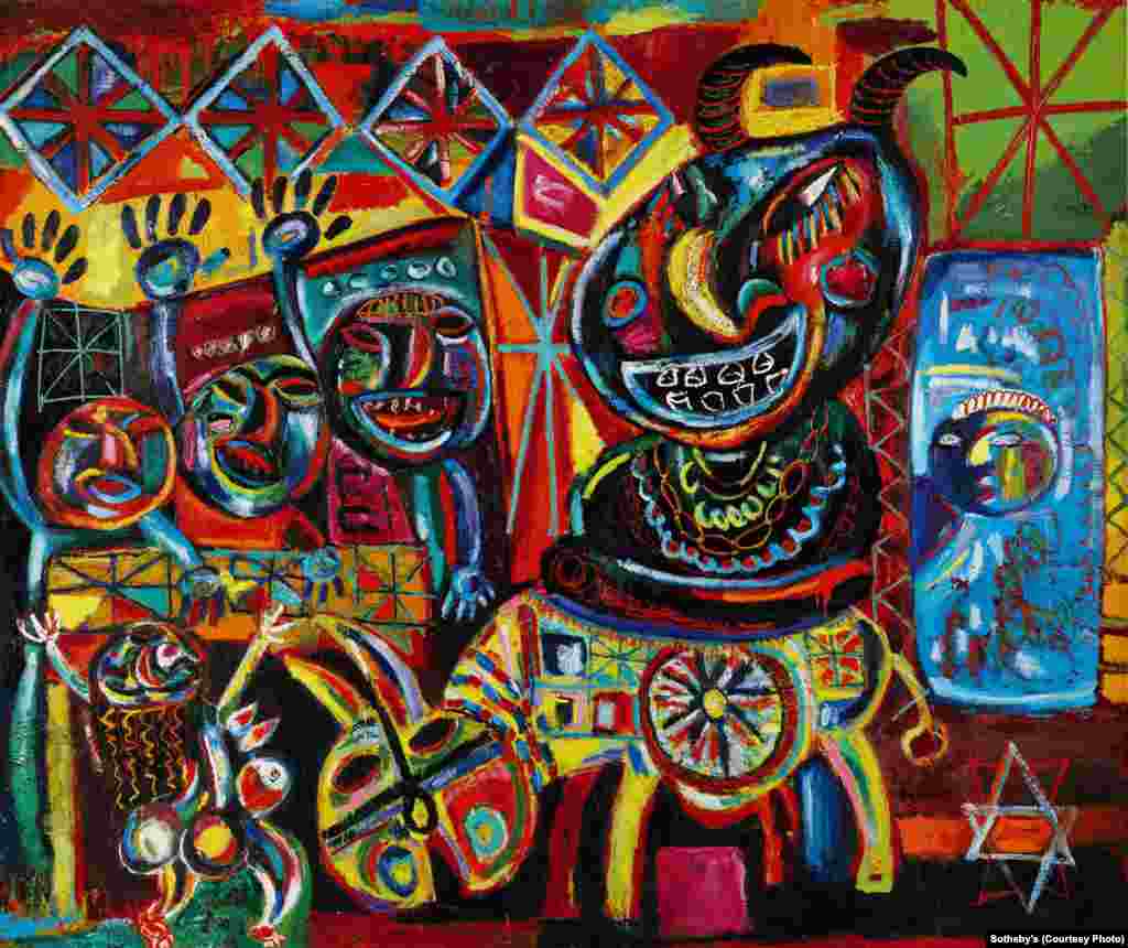 “Mafiozi,” a 1984 oil painting by Azerbaijani artist Javad MirJavadov (1923-1992). He was considered one of Azerbaijan’s preeminent modernist painters and was staunchly opposed to the Socialist Realist school.