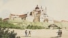 Почаєвський монастир у XVIII сторіччі. Під цією літографією, виданій до 1900 року, в підписі зазначено: «Намальовано з натури на камені Я. Собкевичем»