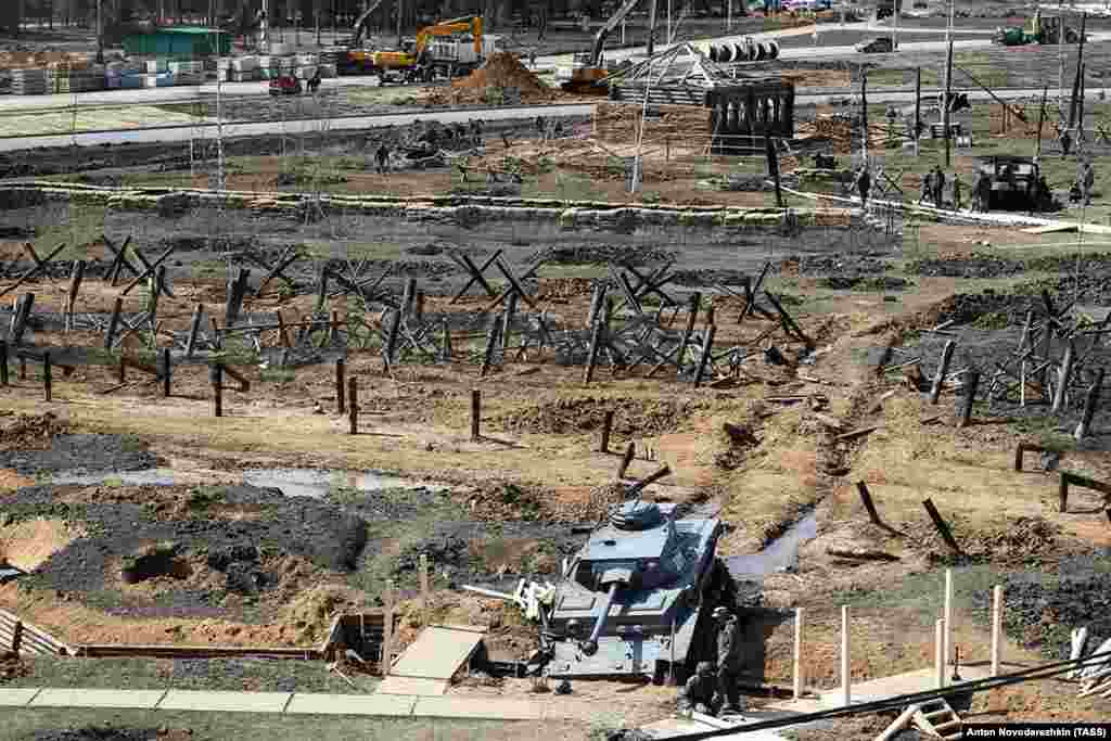 Nazi tanks and a minefield in the recreated battlefield on the cathedral grounds. 