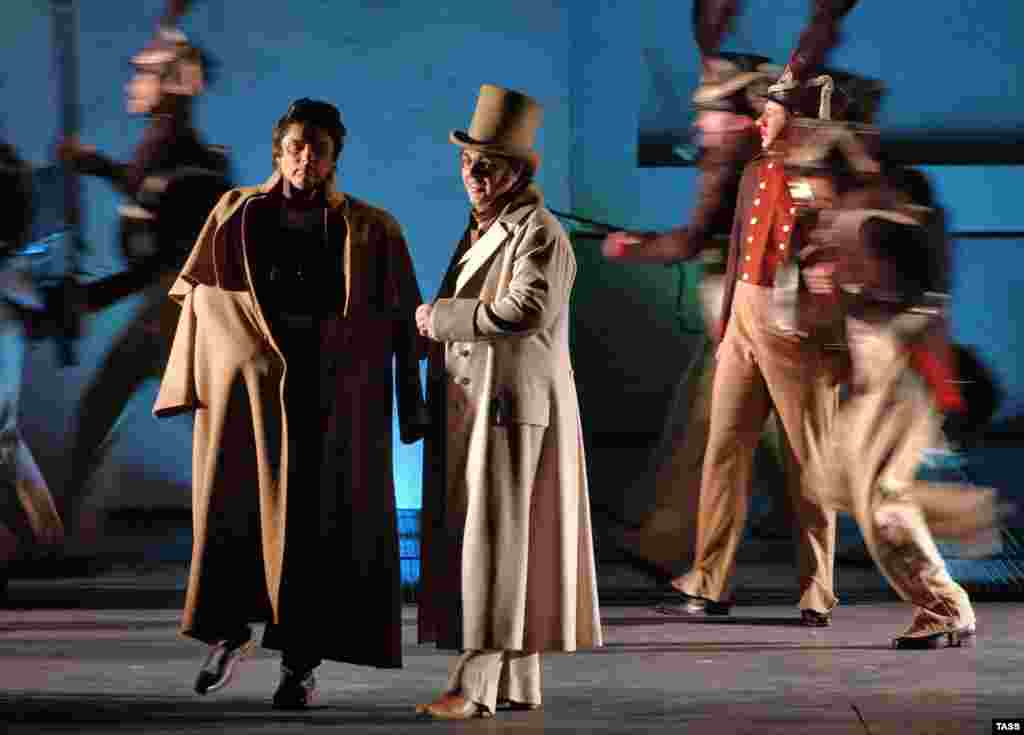 Roman Muravitsky and Andrei Grigoriyev appear as Pierre Bezukhov and Prince Andrei Bolkonski at the Bolshoi Theater on December 9, 2005.