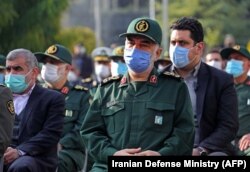 IRGC commander Major General Hossein Salami attends Mohsen Fakhrizadeh's funeral in Tehran on November 30.