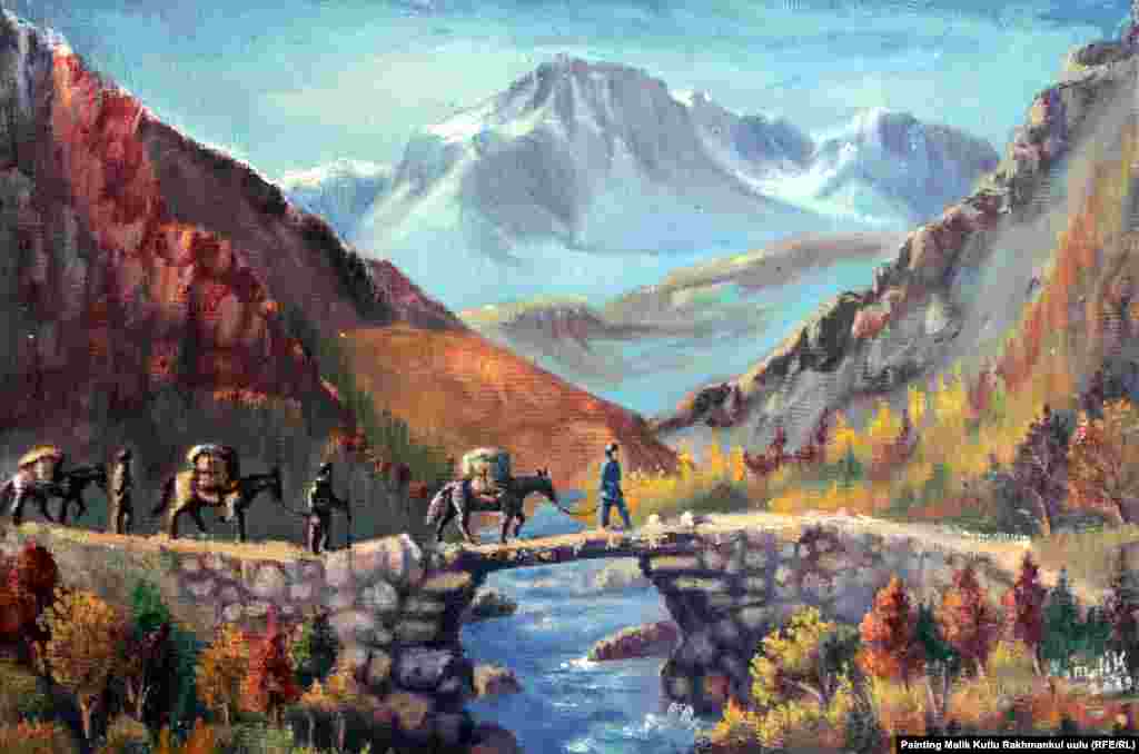 A painting by Malik Kutlu, an Afghan Kyrgyz, shows nomads from the Pamir Mountains in Afghanistan going to Kabul to sell livestock. Unlike the Kyrgyz who remained in the Soviet Union and who were forced to adopt settled residences, those who were based in Afghanistan were able to continue their nomadic way of life.