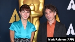 Macedonian directors Tamara Kotevska (left) and Ljubo Stefanov in Los Angeles during Oscars week. 