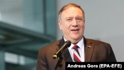 U.S. Secretary of State Mike Pompeo speaks to reporters in Berlin on November 8.