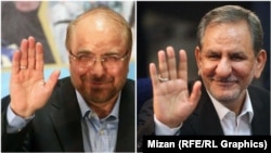 Baqer Qalibaf (left) and Eshagh Jahangiri file for the Iranian presidential election.