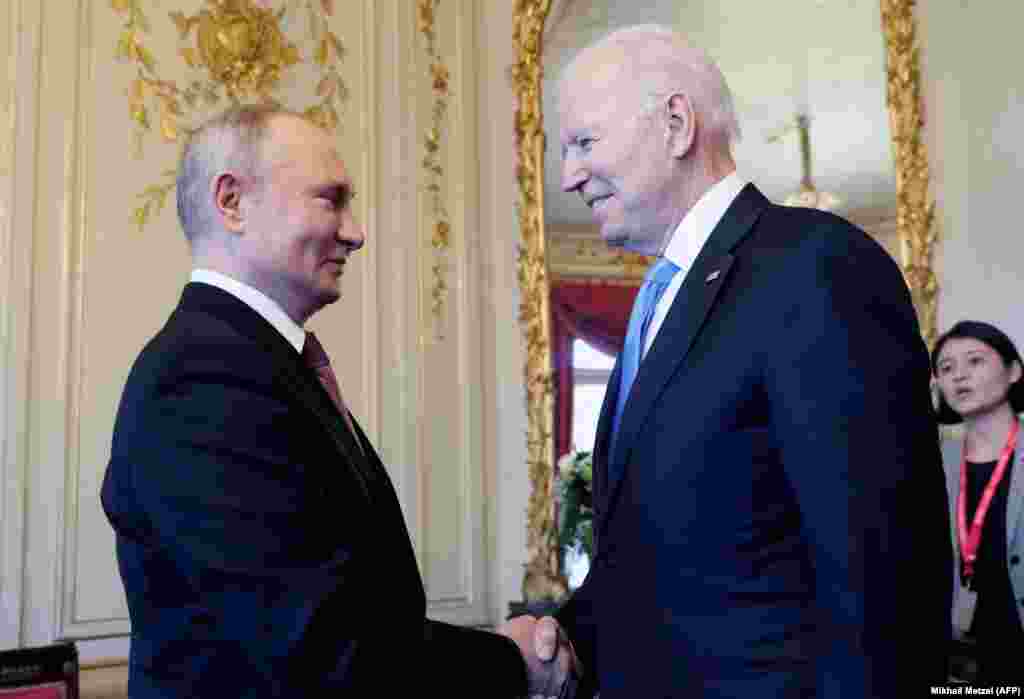 Russian President Vladimir Putin shakes hands with U.S. President Joe Biden during their meeting on June 16 inside the Villa La Grange, on the shore of Lake Geneva. 