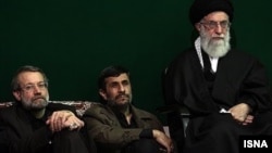 Unlike Iranian President Mahmud Ahmadinejad (center), proposed Iranian election reform could play into the hands of other establishment figures such as parliament speaker Ali Larijani (left) and Supreme Leader Ali Khamenei (right).