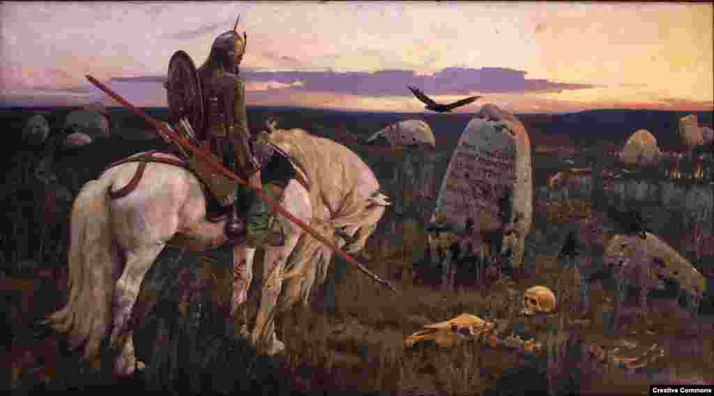 Bogatyr were mythical knights who roamed the Russian wilderness slaying dragons and defending their lands from foreign invaders. Both of the above artworks were painted by Vasnetsov.