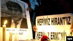A makeshift memorial to journalist Hrant Dink at the site of his muder in Istanbul in January 2007