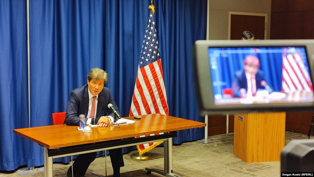U.S. Undersecretary for Economic Growth, Energy, and Environment Jose Fernandez speaks at the U.S. Embassy in Belgrade on October 11.